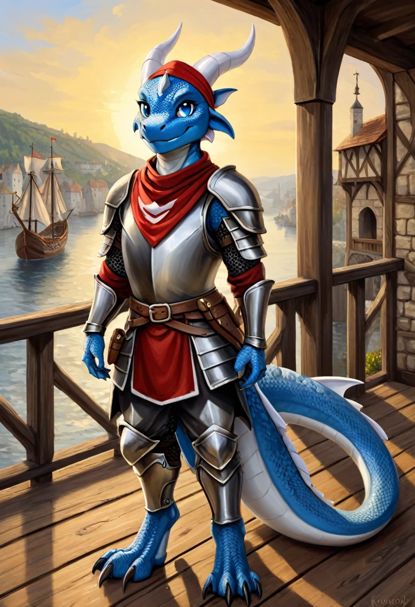 anthropomorphic kobold, male, he has well-detailed blue scales, he has curved horns with black divisions, he has long furry ears, he has beautiful well-detailed blueish-gray eyes, he is wearing a medieval armor, he is wearing a white head bandana, he is standing on wooden deck, in the background there is a port , oil painting style, full body view from the front and looking at the viewer with a happy face .