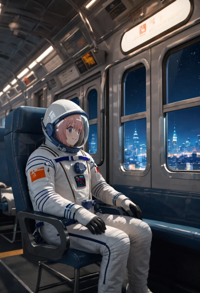 space helmet, (cinematic scene, sitting on a chair, train interior, , city view, night view: 1.5), space helmet, eva helmet, space suit, astronaut), smile bubble helmet, very detailed, speed helmet, bubble helmet, ,upper body, astronaut),eva helm, spacesuit , astronaut),girl, wearing a (spacesuit:1.15), white cargo pants, 