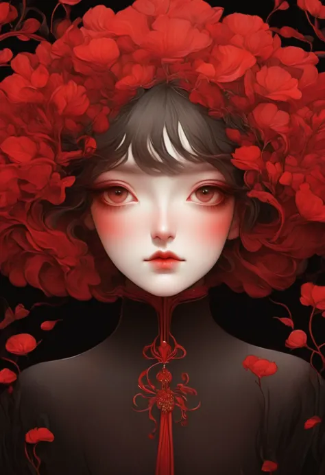 (masterpiece, best quality:1.2), 1 girl, alone,beautiful face，red reminimalist art nouveau，illustration style，black and red