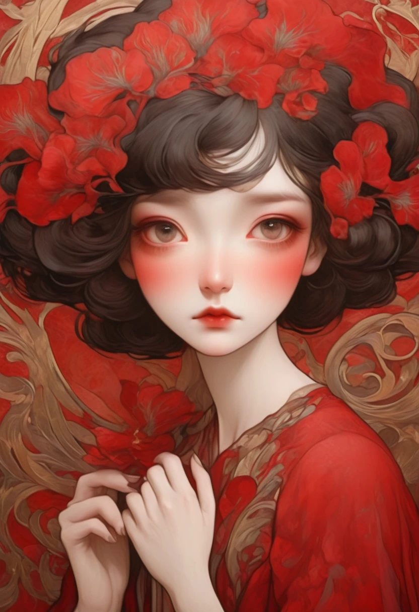 (masterpiece, best quality:1.2), 1 girl, alone,beautiful face，Red Reminimalist Art Nouveau，illustration style，black and red