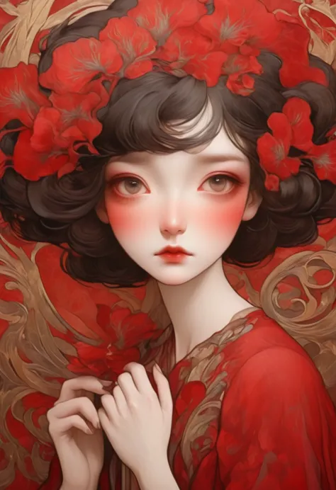 (masterpiece, best quality:1.2), 1 girl, alone,beautiful face，red reminimalist art nouveau，illustration style，black and red