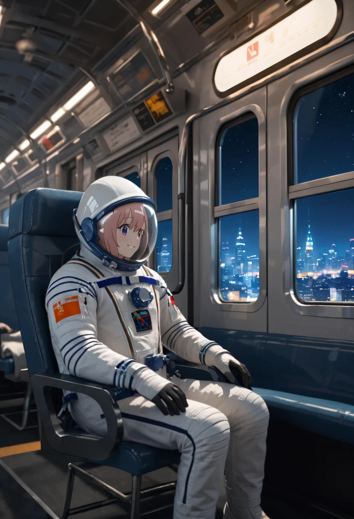 space helmet, (cinematic scene, sitting on a chair, train interior, , city view, night view: 1.5), space helmet, eva helmet, space suit, astronaut), smile bubble helmet, very detailed, speed helmet, bubble helmet, ,upper body, astronaut),eva helm, spacesuit , astronaut),girl, wearing a (spacesuit:1.15), white cargo pants, 