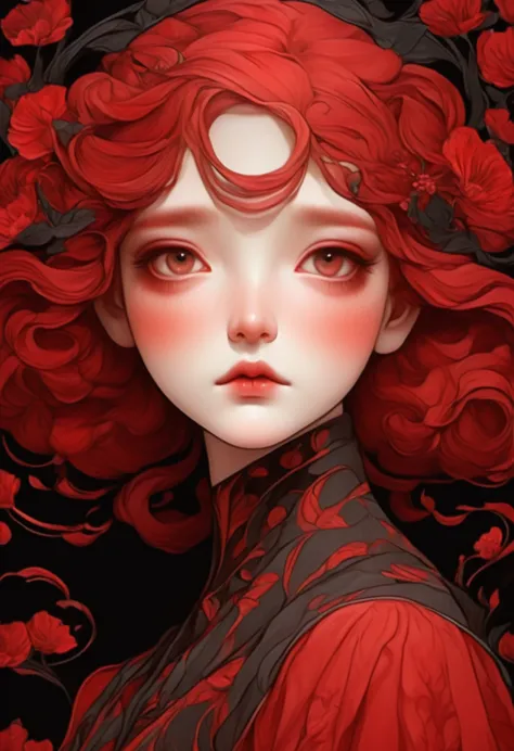 (masterpiece, best quality:1.2), 1 girl, alone,beautiful face，red reminimalist art nouveau，illustration style，black and red