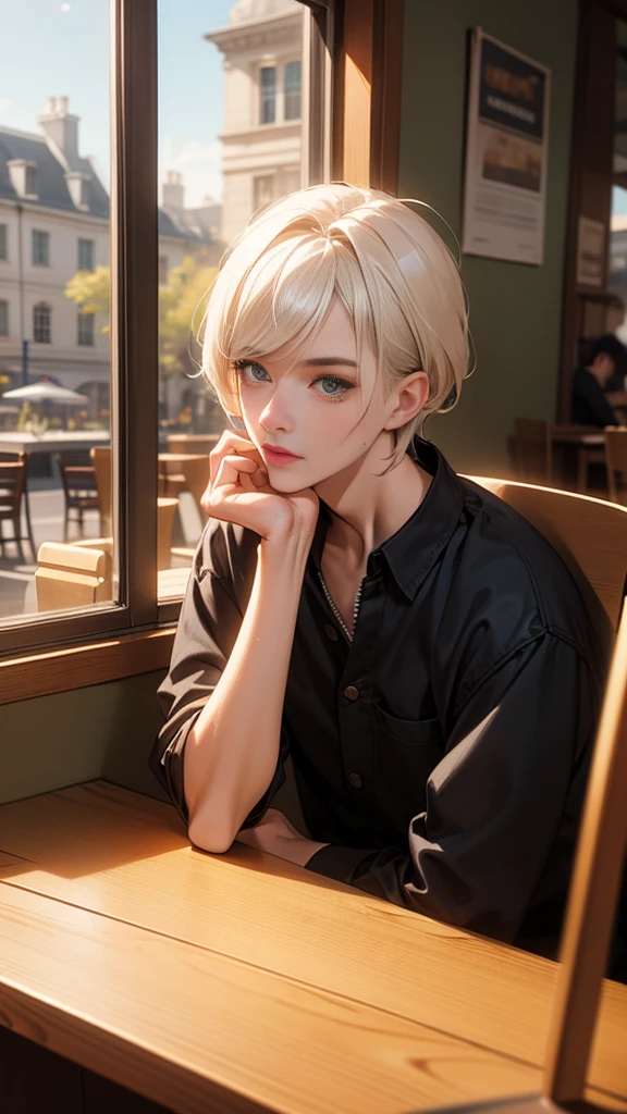 On the table, Pretty boy, Sitting in the window seat of a cafe, Beautifully rendered backgrounds and faces