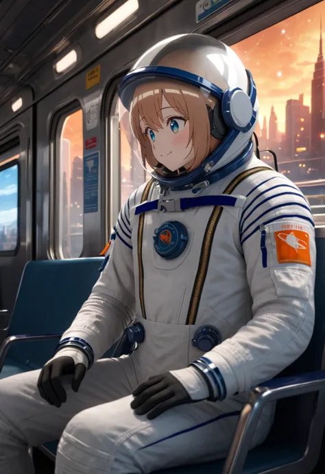 space helmet, (cinematic scene, sitting on a chair, train interior, , city view, night view: 1.5), space helmet, eva helmet, spa...