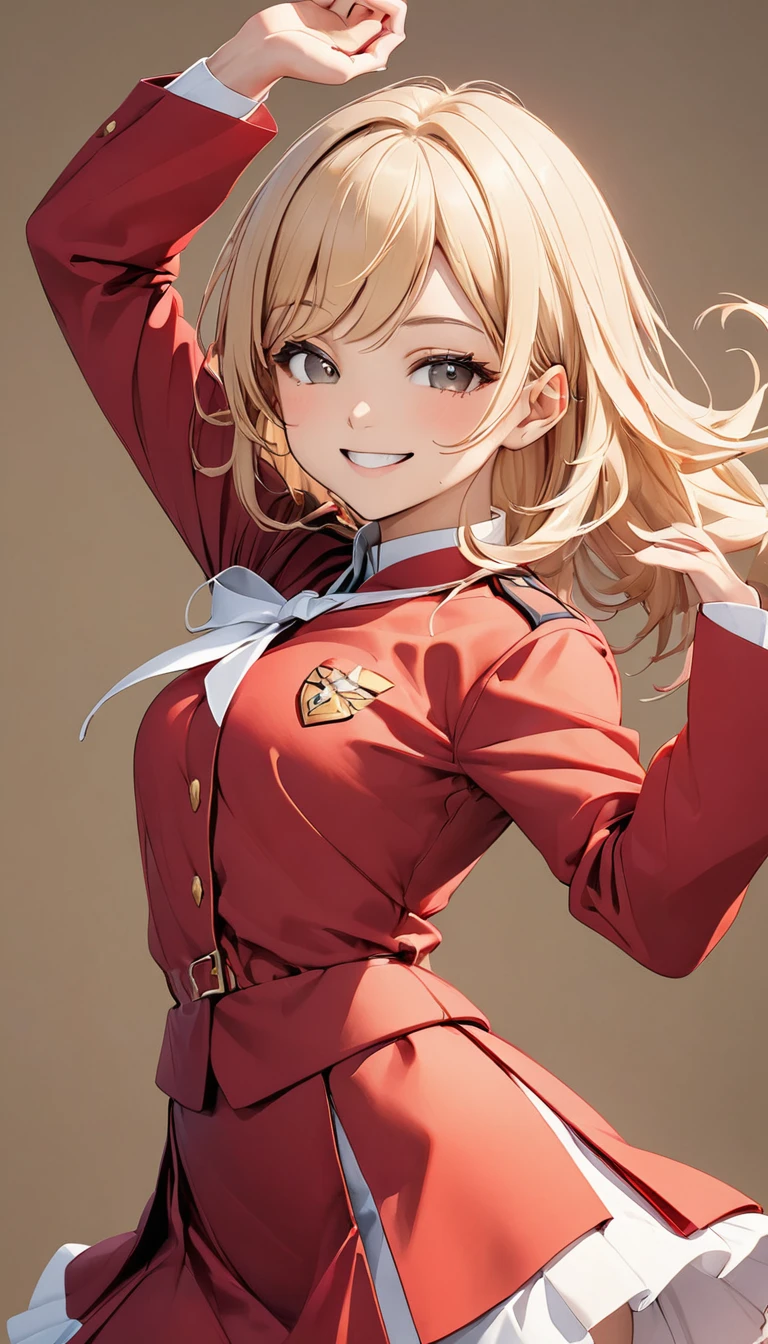 Mac、Red Uniform、Girl、smile、Dynamic pose、Simple Background