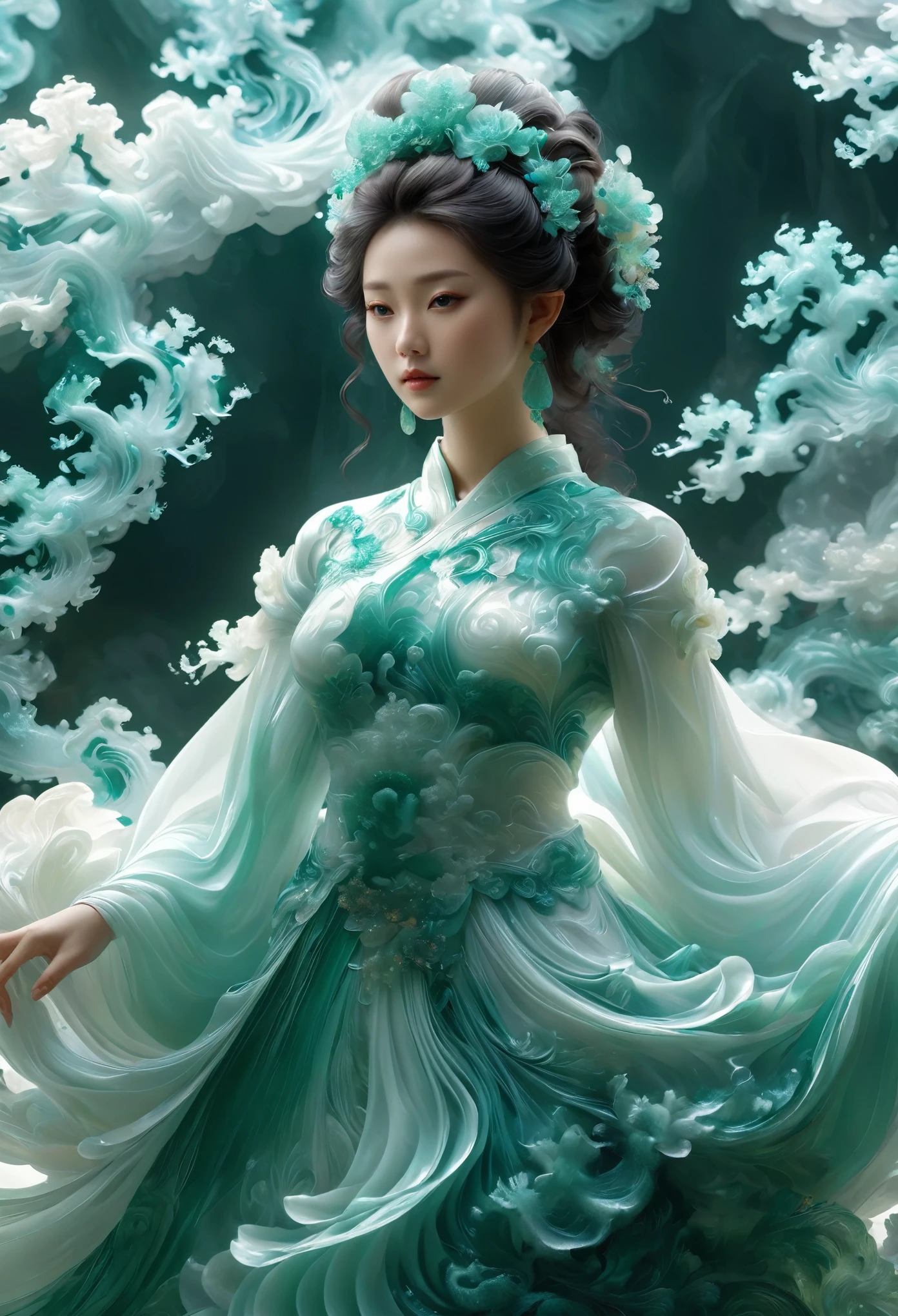 Jade Fractal，luminescent，1 Girl，。(Best quality,4K,8K,A high resolution,Masterpiece:1.2), (Realistic,Photorealistic,photo-realistic:1.37).，Shiny，Exquisite，Monster，Unreal Engine 5，Texture，A three-dimensional character wearinghanfu,minimalism and abstract illustration, chinese ink painting style, chinese xuan paper texture, light penetrate the air, Fractals effect, Phosphore scence effect
