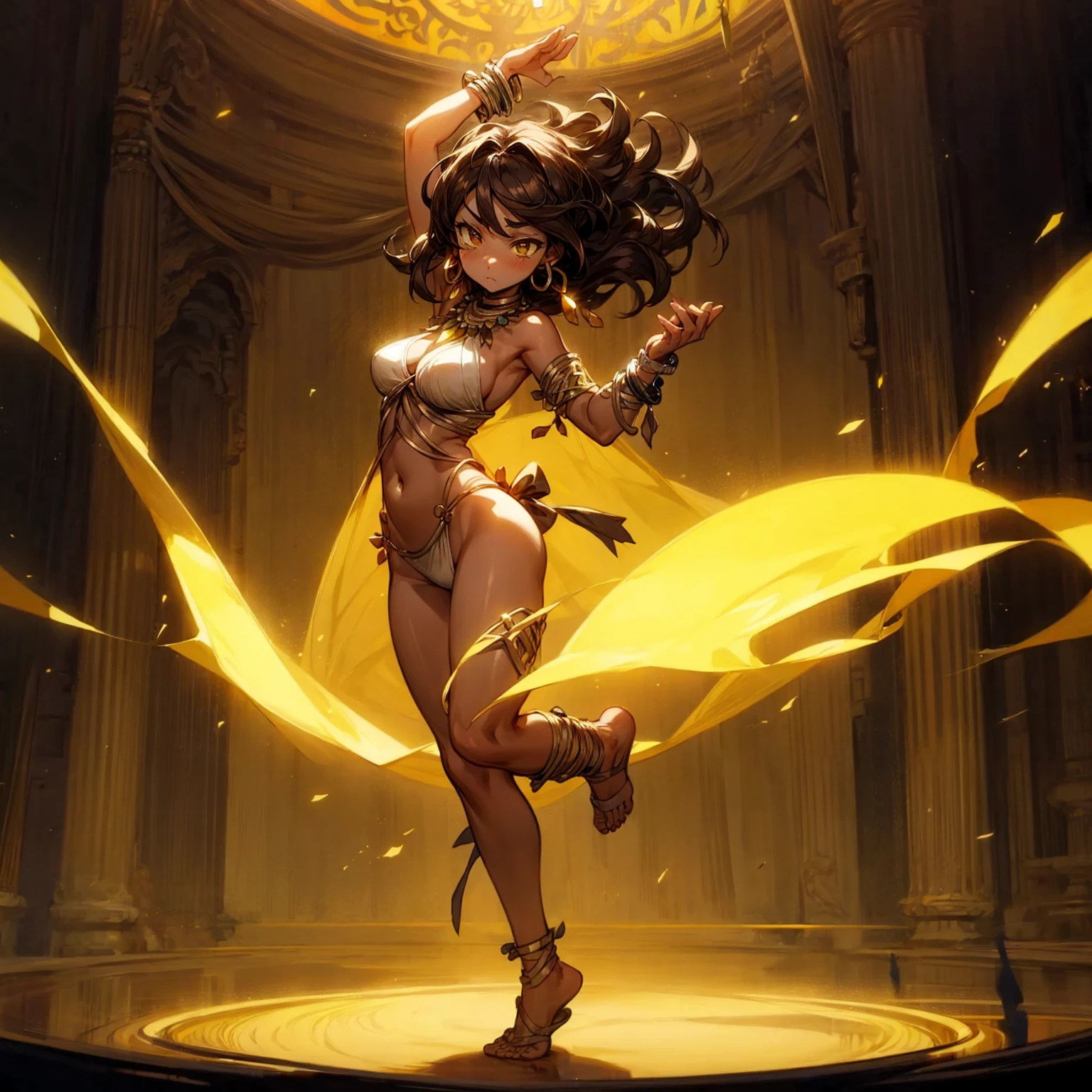 Solo character, full body version, girl, brown hair, long Curly haircut, yellow eyes, hoop earrings, gold bracelets, Belly dance clothing, no shoes, no shock, indoor bar, the pose is dancing in people hopes, silhouettes, (Hunter x Hunter style art), sad eyes, standing gesture, Big breasts, close eyes 