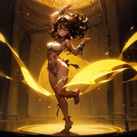 solo character, full body version, girl, brown hair, long curly haircut, yellow eyes, hoop earrings, gold bracelets, belly dance...