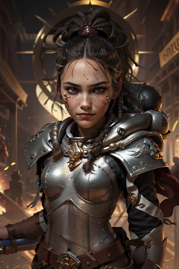 Photo of adepta sororitas, argent shroud, full armor, full metal armor, Christina Chong beautiful face, narrowed eyes. smirk. black braided hair with narrowed eyes, wearing intricate ornamented metal armor, stern face,, solo, (female:1.2), epic, platinum white armor, white pelvic curtain, bronze trimmings, , facial scar, iron halo, ((upper body:1.3)) focus, close-up, banner background,
