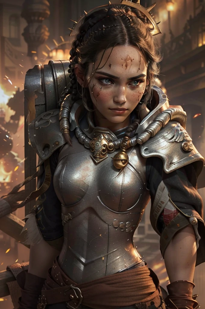 Photo of adepta sororitas, argent shroud, full armor, full metal armor, Christina Chong beautiful face, narrowed eyes. smirk. black braided hair with narrowed eyes, wearing intricate ornamented metal armor, stern face,, solo, (female:1.2), epic, platinum white armor, white pelvic curtain, bronze trimmings, , facial scar, iron halo, ((upper body:1.3)) focus, close-up, banner background,
