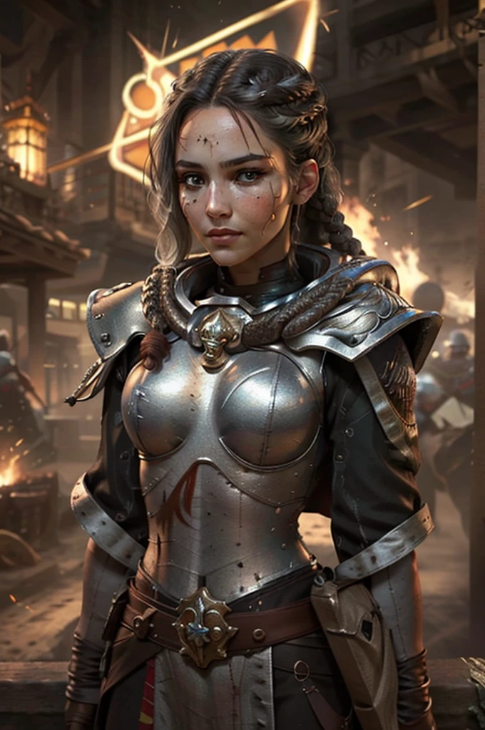 Photo of adepta sororitas, argent shroud, full armor, full metal armor, Christina Chong beautiful face, narrowed eyes. smirk. black braided hair with narrowed eyes, wearing intricate ornamented metal armor, stern face,, solo, (female:1.2), epic, platinum white armor, white pelvic curtain, bronze trimmings, , facial scar, iron halo, ((upper body:1.3)) focus, close-up, banner background,
