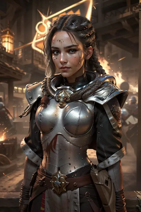 Photo of adepta sororitas, argent shroud, full armor, full metal armor, Christina Chong beautiful face, narrowed eyes. smirk. bl...