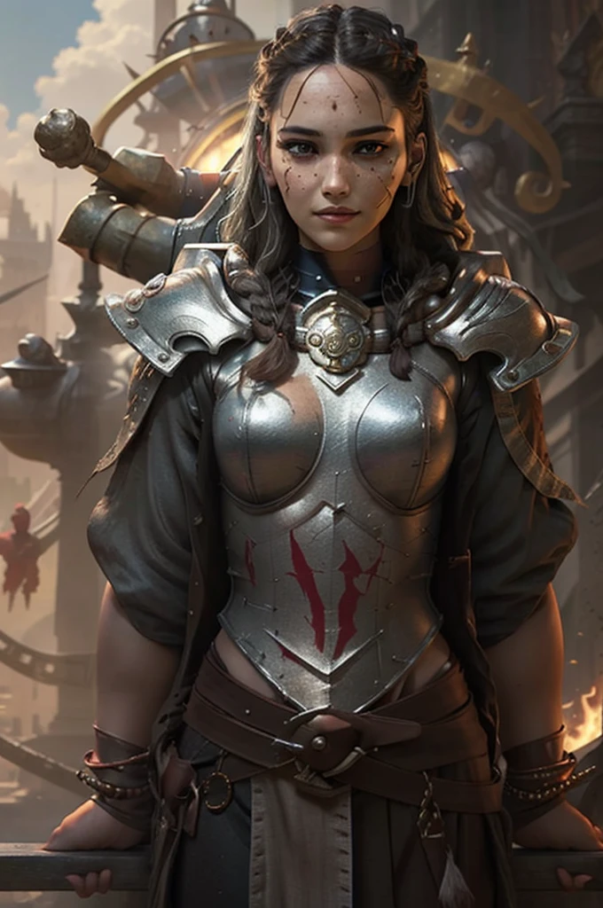 Photo of adepta sororitas, argent shroud, full armor, full metal armor, Christina Chong beautiful face, narrowed eyes. smirk. black braided hair with narrowed eyes, wearing intricate ornamented metal armor, stern face,, solo, (female:1.2), epic, platinum white armor, white pelvic curtain, bronze trimmings, , facial scar, iron halo, ((upper body:1.3)) focus, close-up, banner background,
