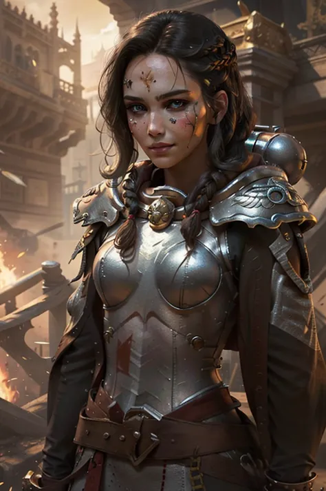 Photo of adepta sororitas, argent shroud, full armor, full metal armor, Christina Chong beautiful face, narrowed eyes. smirk. bl...