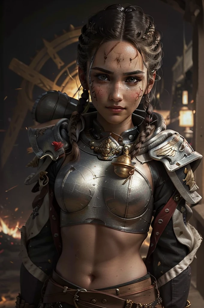 Photo of adepta sororitas, argent shroud, full armor, full metal armor, Christina Chong beautiful face, narrowed eyes. smirk. black braided hair with narrowed eyes, wearing intricate ornamented metal armor, stern face,, solo, (female:1.2), epic, platinum white armor, white pelvic curtain, bronze trimmings, , facial scar, iron halo, ((upper body:1.3)) focus, close-up, banner background,
