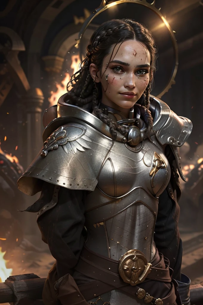 Photo of adepta sororitas, argent shroud, full armor, full metal armor, Christina Chong beautiful face, narrowed eyes. smirk. black braided hair with narrowed eyes, wearing intricate ornamented metal armor, stern face,, solo, (female:1.2), epic, platinum white armor, white pelvic curtain, bronze trimmings, , facial scar, iron halo, ((upper body:1.3)) focus, close-up, banner background,
