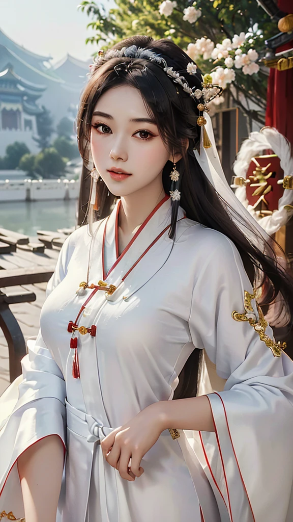 18 year old model, (big breasts:1.2), (shirt collar:1.2), marry , perfect iris, perfect lips, perfect teeth, Perfect beautiful skin, Long face, Slender nose, The headlights are weak., HDR, girl, white clothes, His hair is grayish white, very long and straight.， (Traditional Chinese long robes, long hair and long shawls: 1.5), Long hair like a waterfall, outside background.,(Chinese Palace Background:1.5) ,(pastel colors：1.2),((big flower hair accessory)), (A loaf of black bread on the head.: 1.3)，(large flower crown: 1.3)