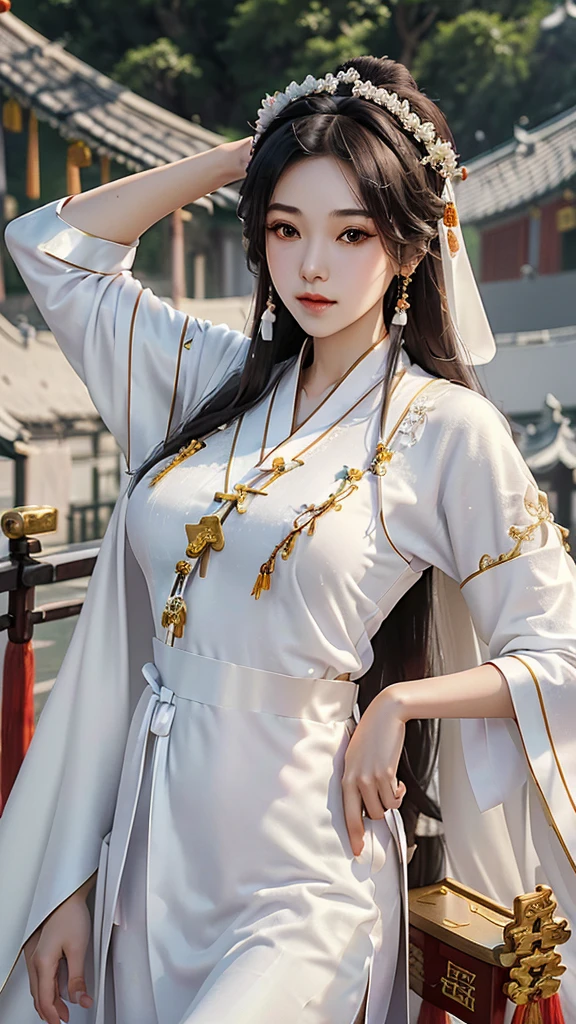 18 year old model, (big breasts:1.2), (shirt collar:1.2), marry , perfect iris, perfect lips, perfect teeth, Perfect beautiful skin, Long face, Slender nose, The headlights are weak., HDR, girl, white clothes, His hair is grayish white, very long and straight.， (Traditional Chinese long robes, long hair and long shawls: 1.5), Long hair like a waterfall, outside background.,(Chinese Palace Background:1.5) ,(pastel colors：1.2),((big flower hair accessory)), (A loaf of black bread on the head.: 1.3)，(large flower crown: 1.3)