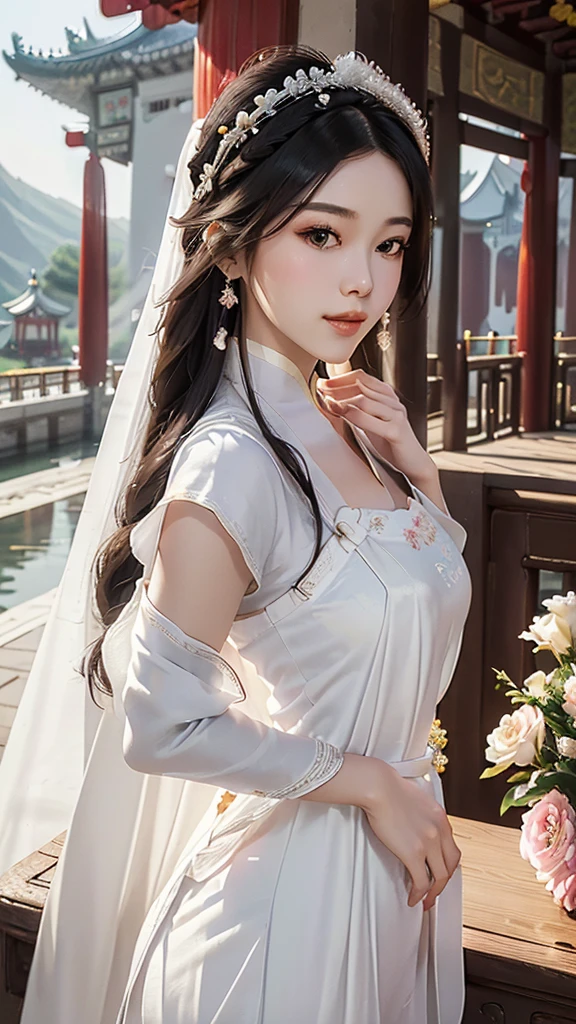 18 year old model, (big breasts:1.2), (shirt collar:1.2), marry , perfect iris, perfect lips, perfect teeth, Perfect beautiful skin, Long face, Slender nose, The headlights are weak., HDR, girl, white clothes, His hair is grayish white, very long and straight.， (Long gown, long hair and long shawl: 1.5), Long hair like a waterfall, outside background.,(Chinese Palace Background:1.5) ,(pastel colors：1.2),((big flower hair accessory)), (A loaf of black bread on the head.: 1.3)，(large flower crown: 1.3)