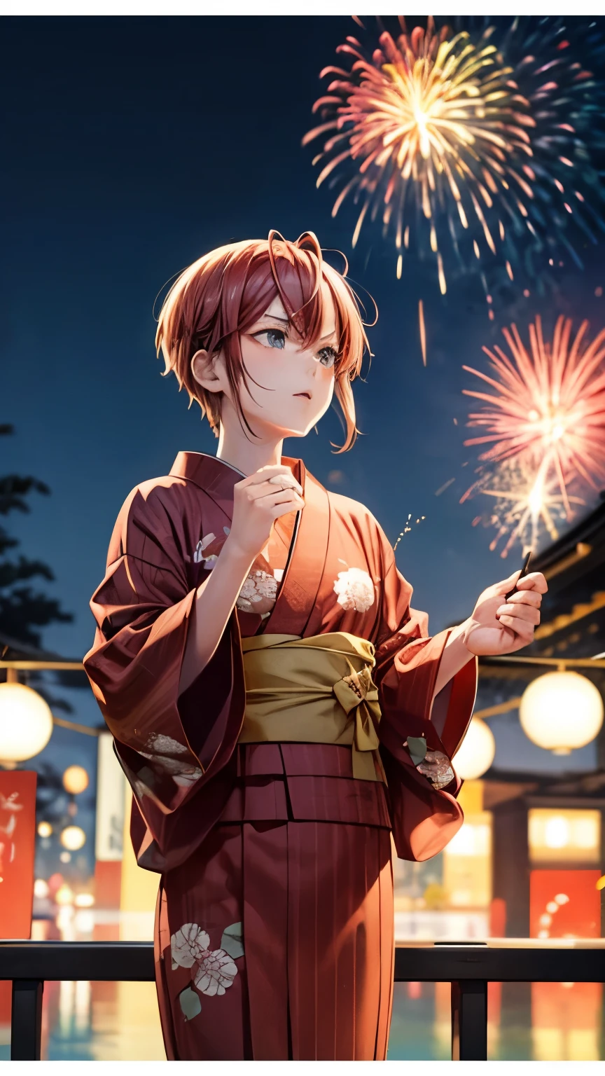 boy、Red yukata、firework