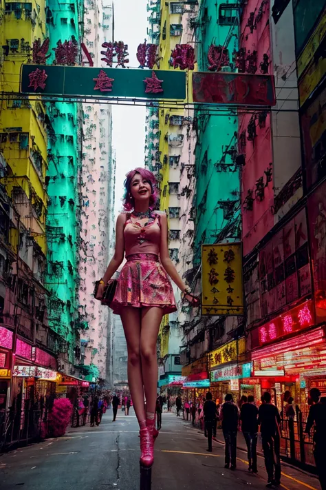 hong kong, day, ( low angle , view from below,) (awkward,blush :1.3), alafi girls take photos in colorful clothes, y 2 k cutecor...