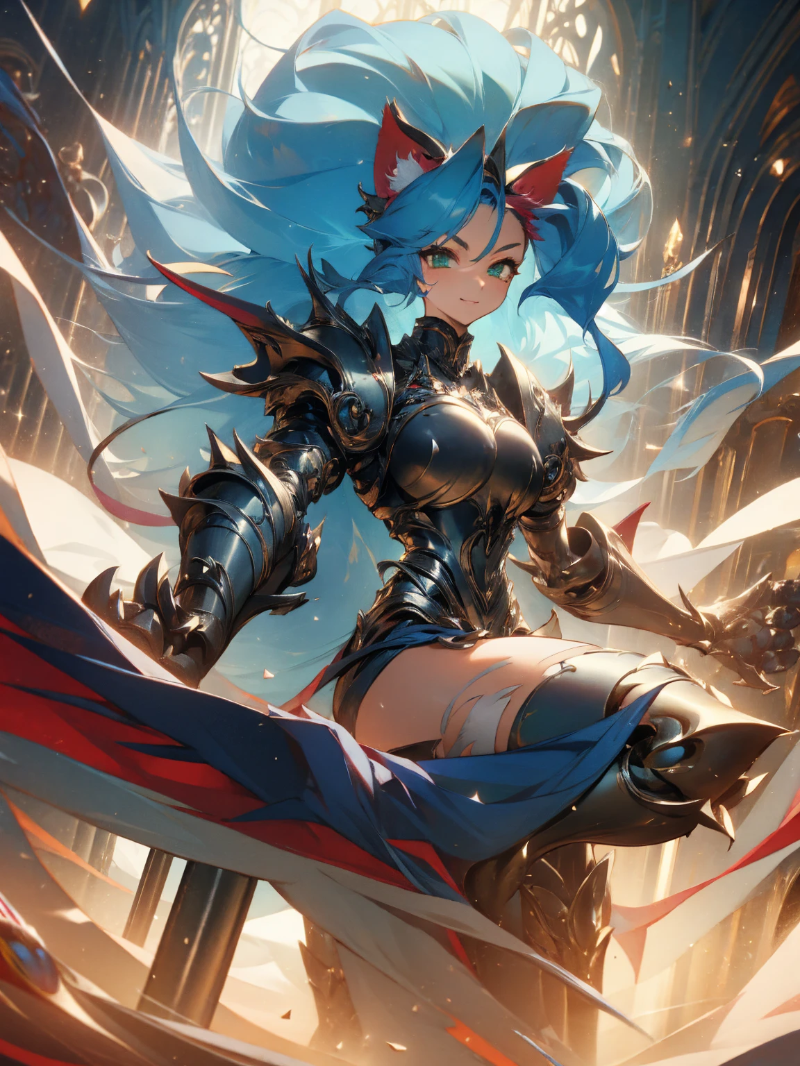 ((Masterpiece, Best Quality, anime style)), Felicia, Blue hair, Green eyes, cat eyes, Cat tail, busty, big breasts, big ass, happy, smile, kicking, giving a kick, sexy white plate armor, gauntlets armors, graves armors, lewd, in a medieval city, illustration, ultra-detailed 8K, clear focus, highly detailed, professional lighting, colorful details, colors BREAK,