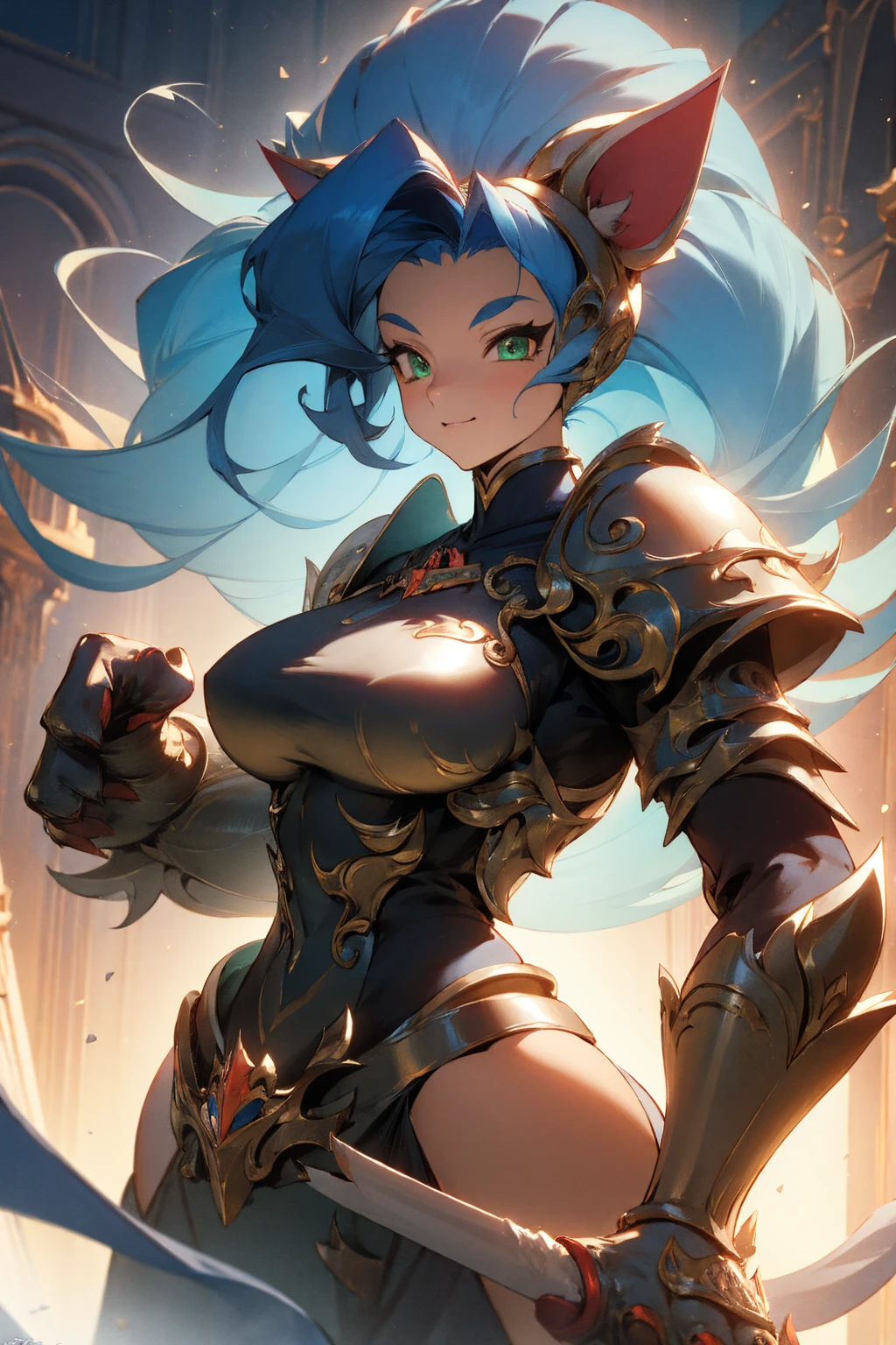 ((Masterpiece, Best Quality, anime style)), Felicia, Blue hair, Green eyes, cat eyes, Cat tail, busty, big breasts, big ass, happy, smile, gauntlets armors, graves armors, lewd, in a medieval city, illustration, ultra-detailed 8K, clear focus, highly detailed, professional lighting, colorful details, colors BREAK,