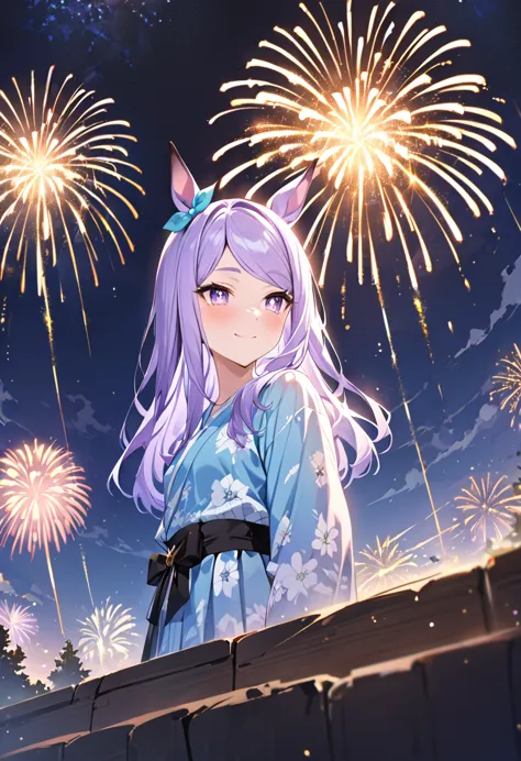 masterpiece、highest quality、depicted in detail、beautiful、mejiro mcqueen\(umamusume\)、blue yukata、fireworks in the distance、beaut...