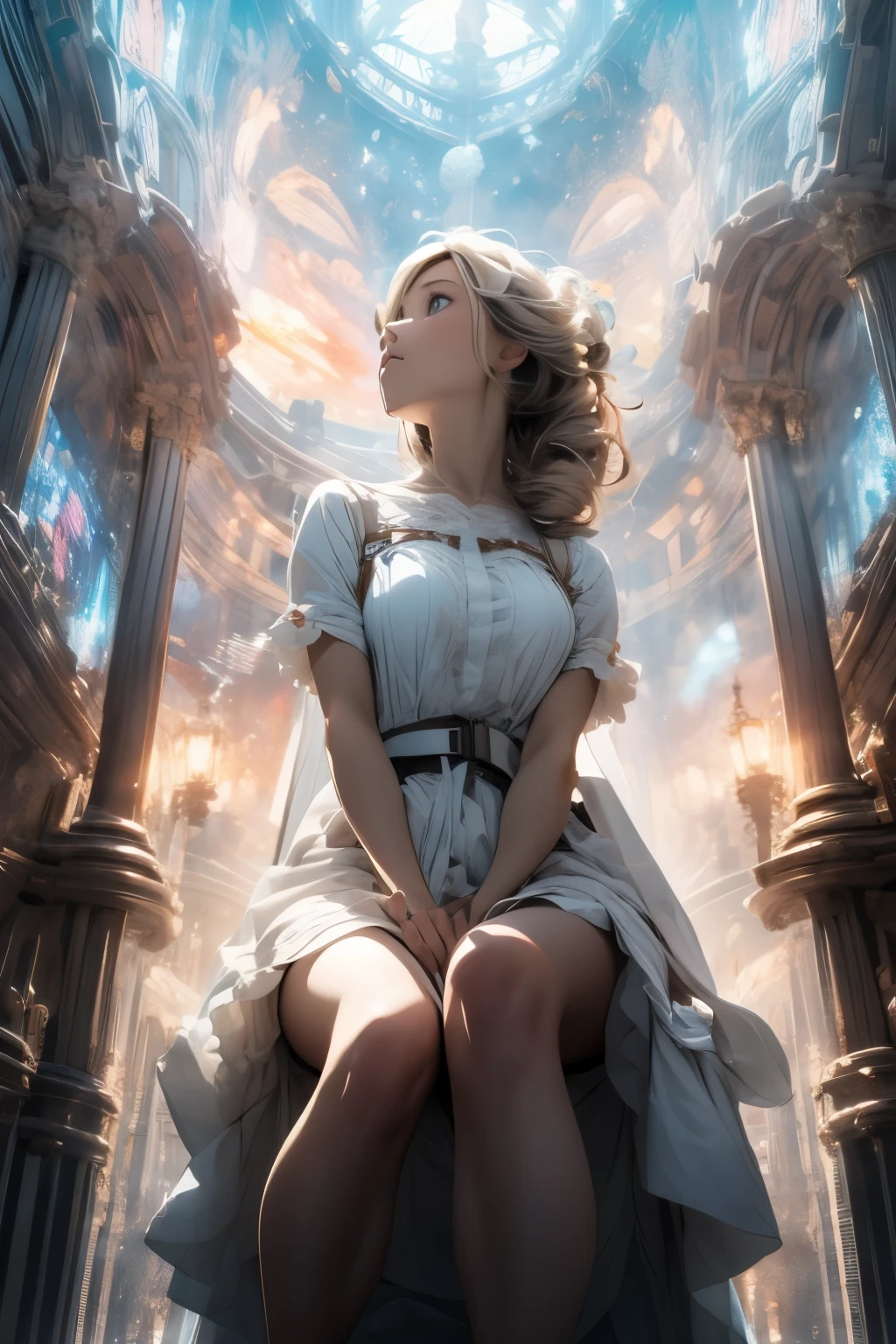 masterpiece, best quality, extremely detailed CG unity 8k wallpaper, Sitting Girl, Low angle shot, look up