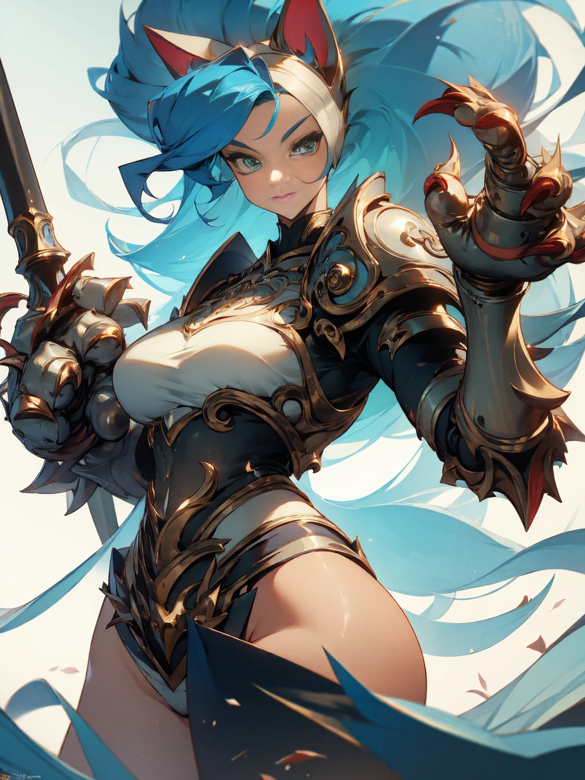 ((Masterpiece, Best Quality, anime style)), Felicia, Blue hair, Green eyes, cat eyes, Cat tail, busty, big breasts, big ass, happy, smile, kicking, giving a kick, sexy white plate armor, gauntlets armors, graves armors, lewd, in a medieval city, illustration, ultra-detailed 8K, clear focus, highly detailed, professional lighting, colorful details, colors BREAK,