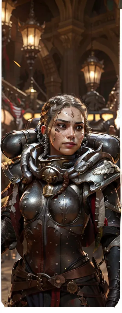 Photo of adepta sororitas, argent shroud, full armor, full metal armor, Christina Chong beautiful face, narrowed eyes. smirk. bl...