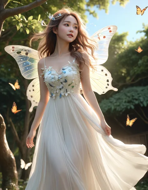 fairy flying out of the tree、butterfly wings、white sheer dress、dress with hair fluttering in the wind、low angle shot、(highest qu...