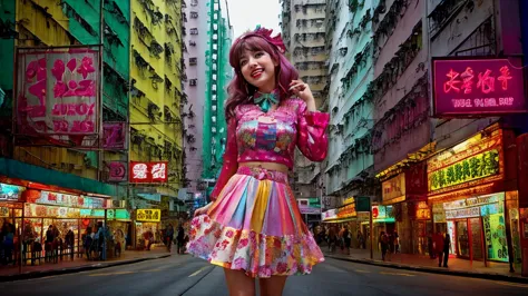 hong kong, day, ( low angle , view from below,) (awkward,blush :1.3), alafi girls take photos in colorful clothes, y 2 k cutecor...