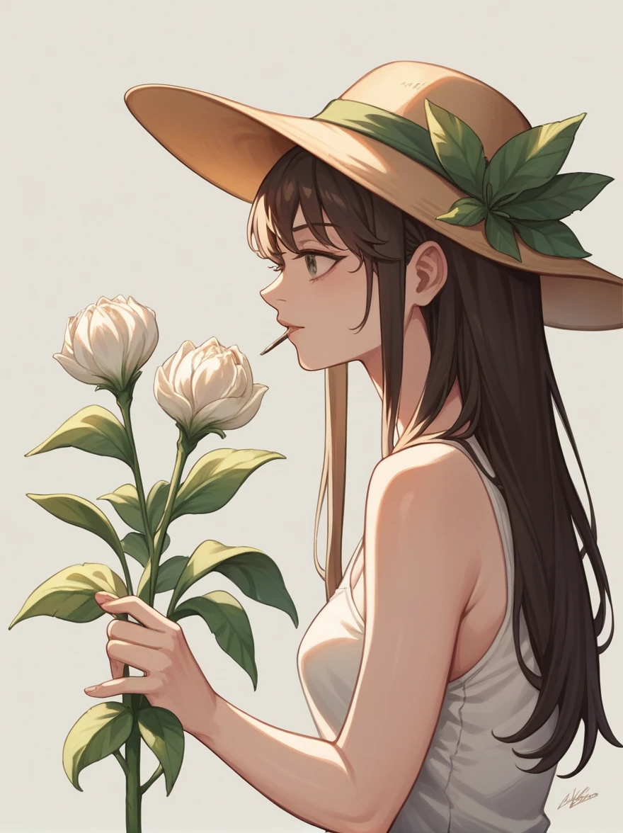 score_9, score_8_up, score_7_up, score_6_up, score_5_up, score_4_up,side view, Studio type illustration,Story book illustration,oil painting, foreground of tulips and leaf,white tulips, a beautiful female, highlighed hairs,wearing tanktop,hats,standing in the Middle the feild, 