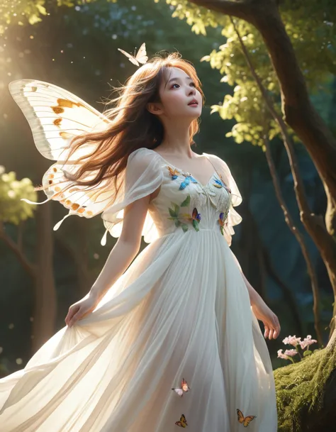 a fairy flying from a tall tree、butterfly wings、white sheer dress、dress with hair fluttering in the wind、low angle shot:1.7、(hig...