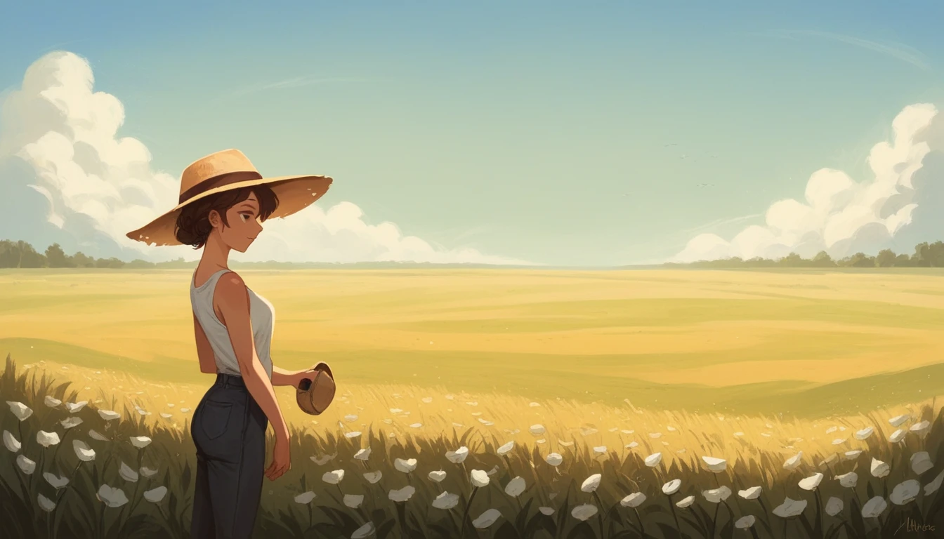 score_9, score_8_up, score_7_up, score_6_up, score_5_up, score_4_up,side view, Studio type illustration,Story book illustration,oil painting, field of tulips and leaf,white tulips, a beautiful female, highlighed hairs,wearing tanktop,hats,standing in the Middle the feild, 