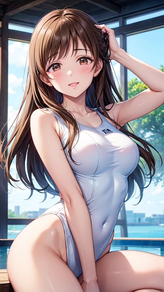 Highest quality、Masterpiece、(gymnastics arena)、(Nitta Minami、Long Hair、Mid-chest、Brown Hair、Brown eyes、Glossy Lips、Glowing Skin、Realistic skin texture、White leotard、Stretch out your arms)、Look at me、love me、blush、Laughing with your mouth open)、(Bust Shot、Very close)