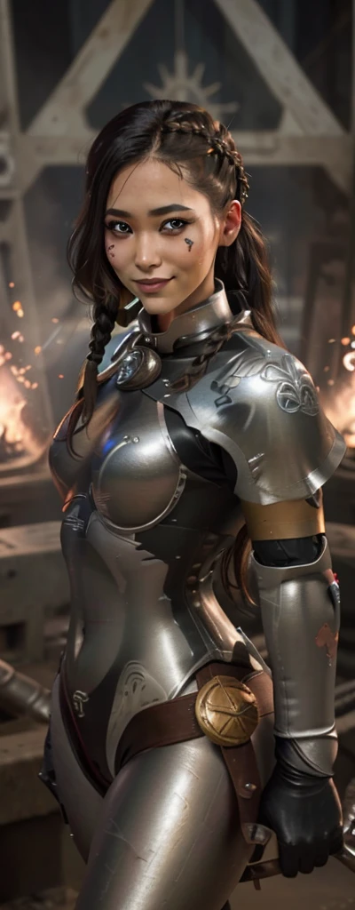 Photo of adepta sororitas, argent shroud, full armor, full metal armor, Christina Chong beautiful face, narrowed eyes. smirk. black braided hair with narrowed eyes, wearing intricate ornamented metal armor, stern face,, solo, (female:1.2), epic, platinum white armor, white pelvic curtain, bronze trimmings, , facial scar, iron halo, ((upper body:1.3)) focus, close-up, banner background,
