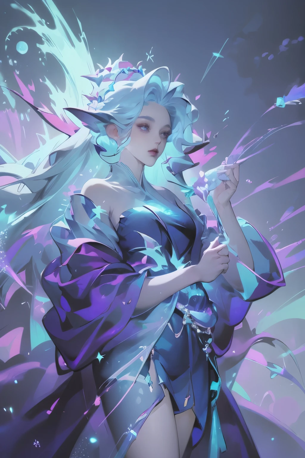 Anime girl in blue，Blue hair and blue clothes, Flowing Magic Robe, ((Beautiful fantasy queen)), Star Witch Costume, Full body fairy, Beautiful Celestial Mage, heise jinyao, Beautiful fantasy queen, cotton cloud mage robes, Jellyfish Priestess, ethereal essence, Gorgeous flowing robe, Long flowing hair and robes
