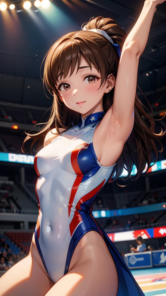 Highest quality、Masterpiece、(gymnastics arena)、(Nitta Minami、Long Hair、Mid-chest、Brown Hair、Brown eyes、Glossy Lips、Glowing Skin、Realistic skin texture、White leotard、Stretch out your arms)、Look at me、love me、blush、Laughing with your mouth open)、(Bust Shot、Very close)