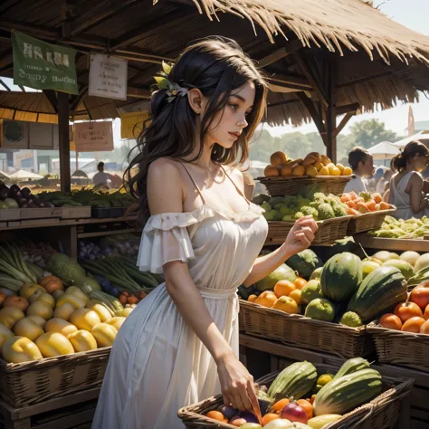 Description: 1 elf girl at the Harvest Festival market, choosing phallic-shaped vegetables for herself.
Background: Harvest Fest...