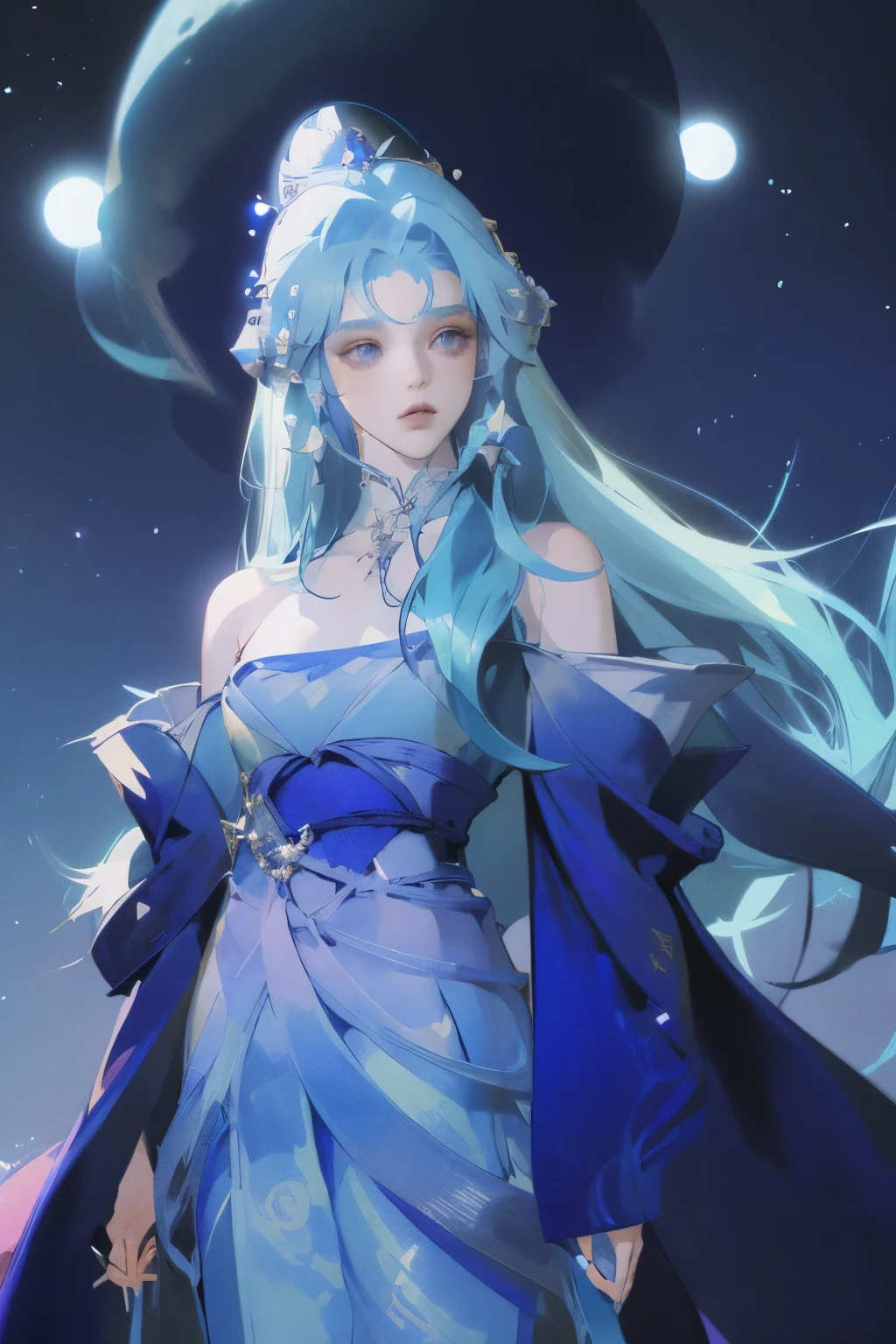 Anime girl in blue，Blue hair and blue clothes, Flowing Magic Robe, ((Beautiful fantasy queen)), Star Witch Costume, Full body fairy, Beautiful Celestial Mage, heise jinyao, Beautiful fantasy queen, cotton cloud mage robes, Jellyfish Priestess, ethereal essence, Gorgeous flowing robe, Long flowing hair and robes
