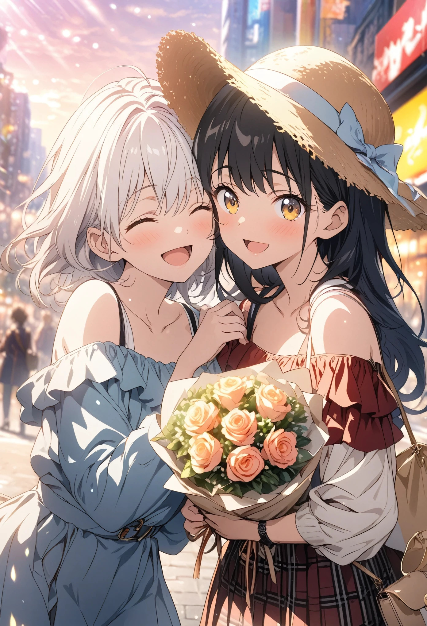 Two Girls, Holding a colorful bouquet, masterpiece, Highest quality, Highly detailed CG Unity 8K wallpapers, High School Girl Anime Illustration, wearing off-the-shoulder clothes, She is wearing a red and black checked skirt.., She closes her eyes and opens her mouth wide, smile. white hair color, Yellow Eyes, Bokeh, Street Style Fashion, Wear a hat, Shoulder bag included, Lens flare, The Rising Sun, Pink Sky, The background is the cityscape, Bokeh photo, (Soft Focus): 1.2, Out of focus highlights, Dreamy atmosphere, Fascinating Depth