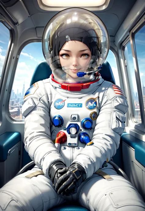 space helmet,sitting on a chair, train interior, , city view, night view: 1.5), space helmet, eva helmet, space suit, astronaut)...