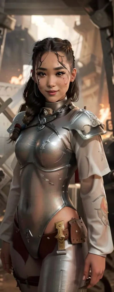 Photo of adepta sororitas, argent shroud, full armor, full metal armor, Christina Chong beautiful face, narrowed eyes. smirk. bl...