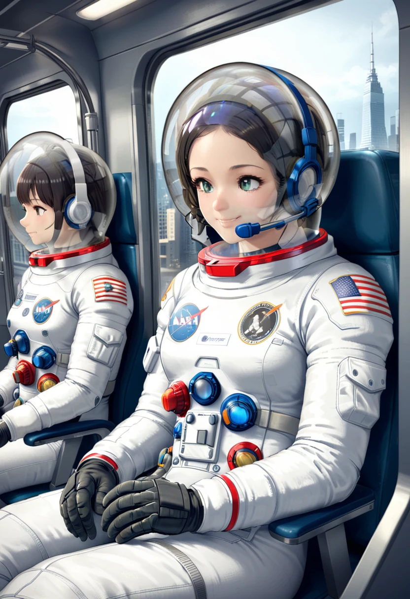 space helmet,sitting on a chair, train interior, , city view, night view: 1.5), space helmet, eva helmet, space suit, astronaut), smile bubble helmet, , speed helmet, bubble helmet, ,upper body, astronaut),eva helm, spacesuit , astronaut),girl, wearing a (spacesuit:1.15), white cargo pants, (headsets:1.5), space helmet