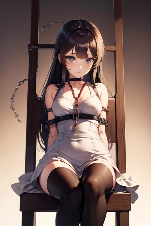 ((masterpiece)), ((Highest quality)), (Very detailed), Browsing Caution, ,((torture chamber)),pretty girl, One girl, alone, (White mini tank top dress),(Chained arms), ((Tied to a torture chair)), BDSM,shibari,Suppressed,((Narrow waist)),(((Waist-binding chain))),Beautiful brown hair, Beautiful Blue Eyes, (Beautiful Eyes), Long Hair,Troubled expression、(Bra ripped with a knife)、(The whip rolls)