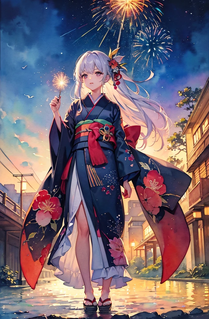 8K,(masterpiece),high resolution,best quality,(ultra-detailed),ultra detailed eyes,(watercolor:1.3),Fireworks,girl,wear kimono,boys,beautiful place,river,ngiht,summer,from below,