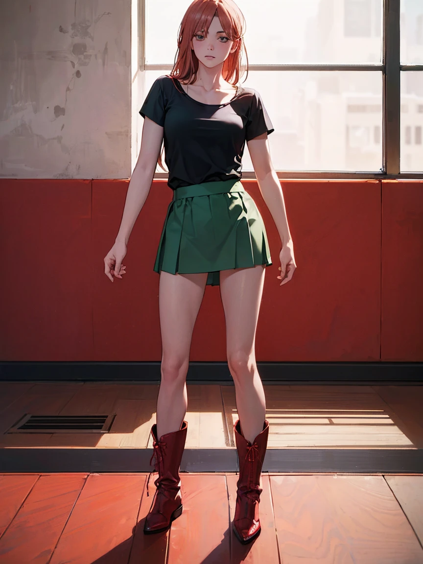 ((１woman)),((Has a red guitar:1.2)), ((Arm guard、Black boots、Black T-shirt、Green skirt、Red Corner)), masterpiece，Red Corner, ((Red Corner)), full body, (masterpiece, Highest quality, 8k, 1 person, A perfectly balanced body, Official Art、Highest quality、 8k wallpaper、32K、masterpiece、Ultra-detailed、high resolution、Realistic、Photorealistic:1.2), , clavicle:1.2,
